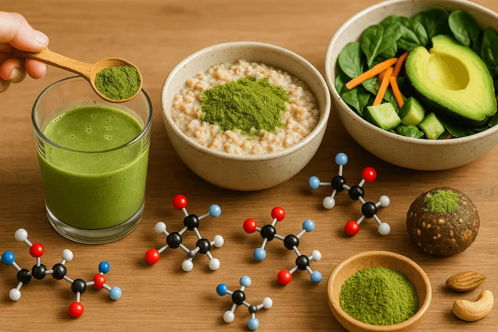 Moringa powder being added to various foods including smoothie, oatmeal, salad bowl, and energy ball