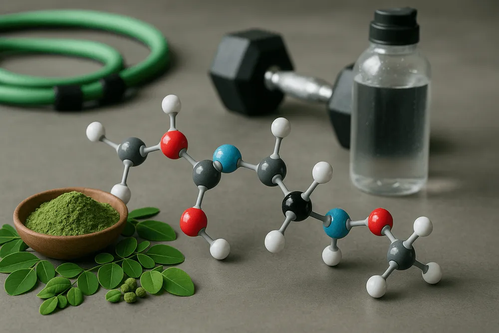 Moringa powder with gym equipment and ball-and-stick protein structures, showing the connection between complete protein and muscle health