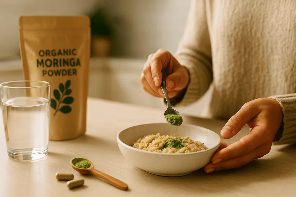 Safe Moringa usage practices: measuring small doses, taking with food, and using quality products