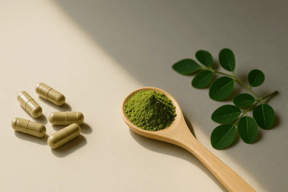 Moringa powder on a wooden spoon next to fresh Moringa leaves and capsules