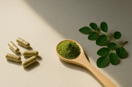 Moringa powder on a wooden spoon next to fresh Moringa leaves and capsules