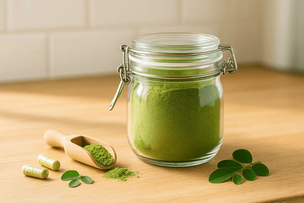 Moringa products properly stored in sealed containers