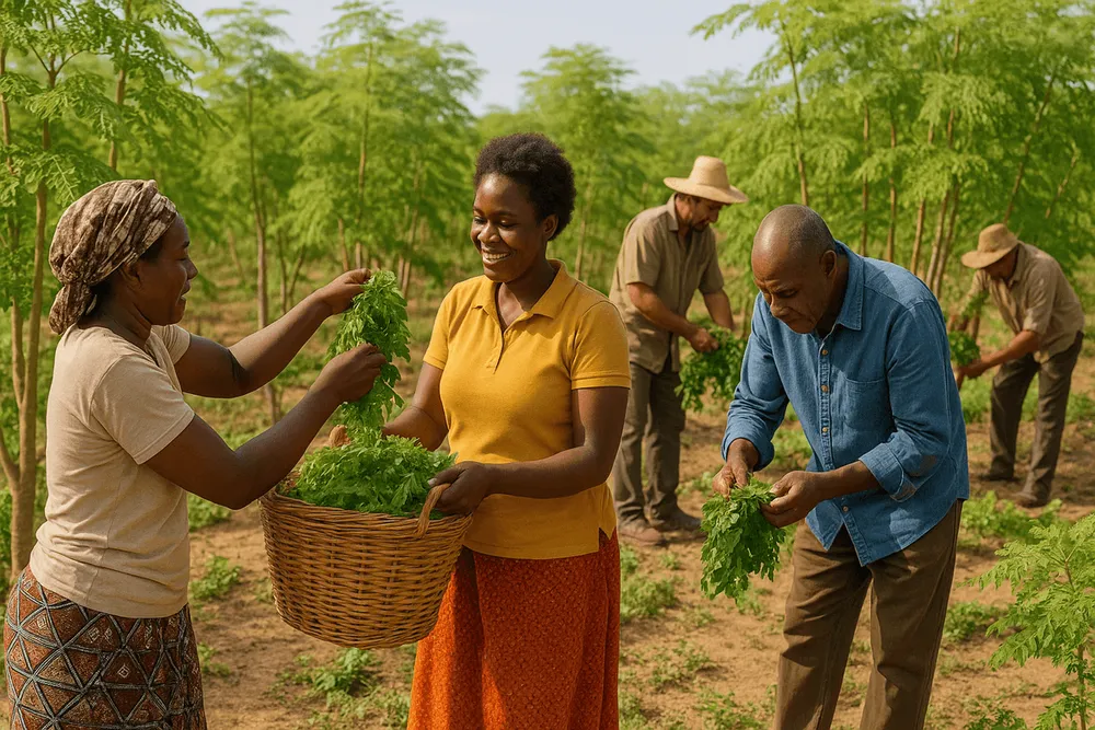 Moringa cultivation in a community setting with farmers tending to trees and harvesting leaves