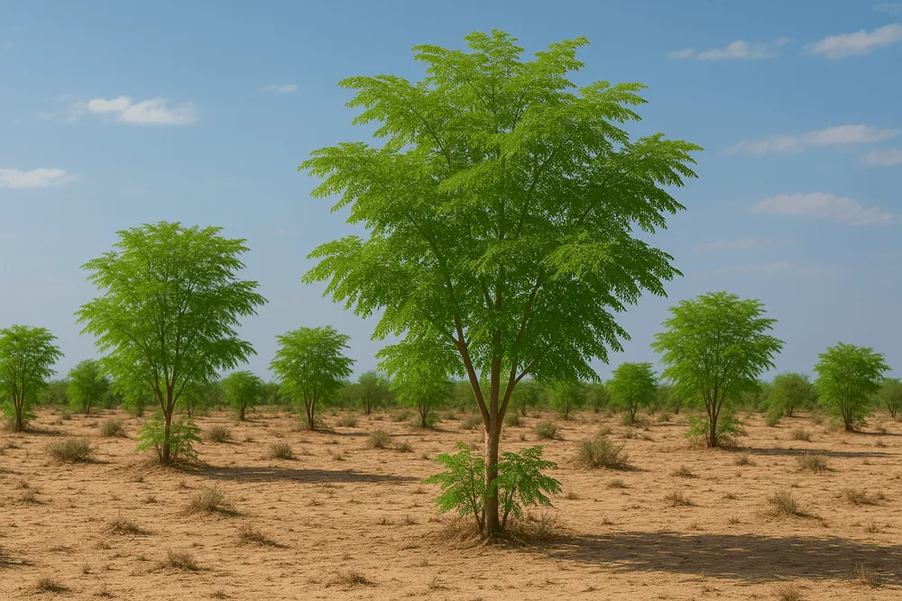 Moringa trees growing in arid or semi-arid environment, thriving despite harsh conditions