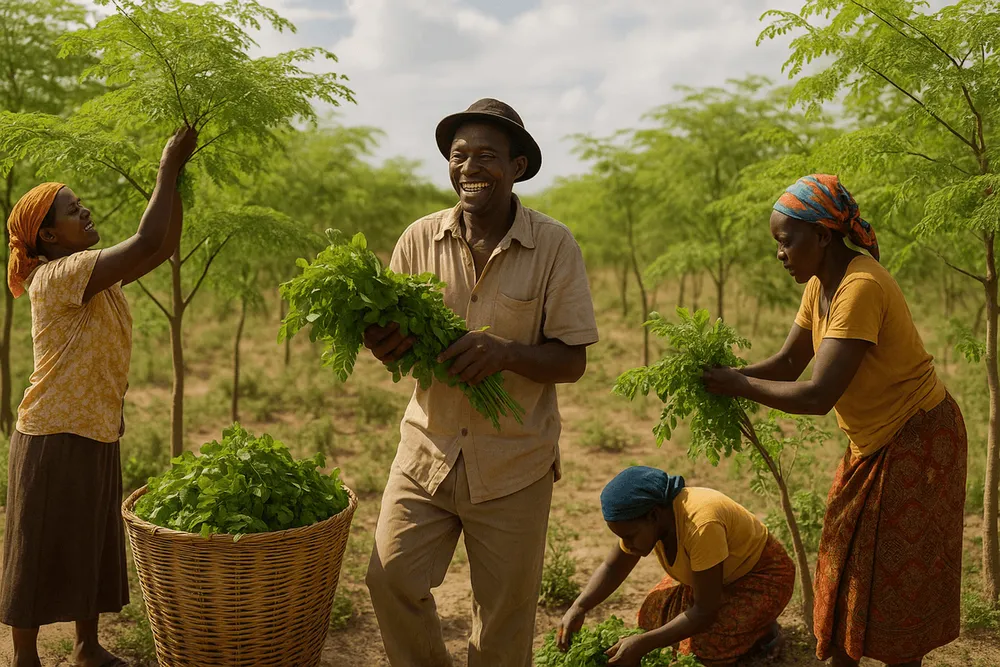 Farmers with Moringa trees or harvesting Moringa leaves, representing positive community impact