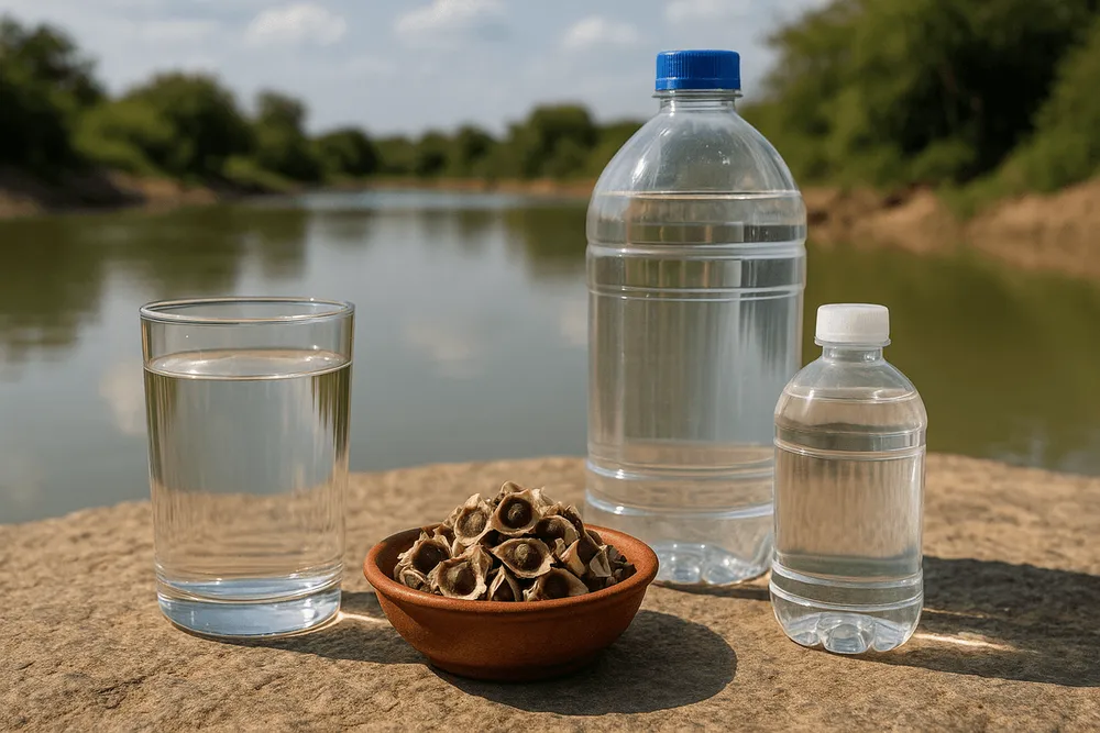 Moringa seeds being used for water purification with clear water containers
