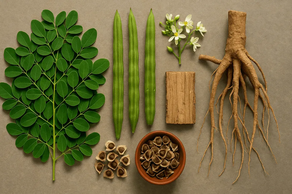 All parts of the Moringa tree arranged together showing complete plant utilization