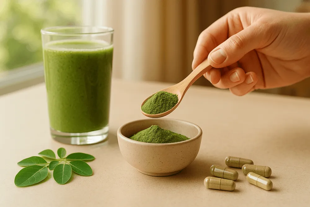 Moringa being added to a smoothie in a glass