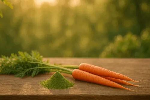 Moringa powder displayed alongside fresh orange carrots, comparing vitamin A content