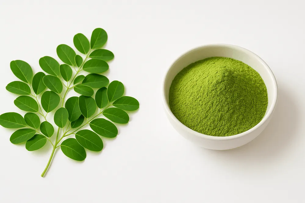 Moringa powder and fresh oranges side by side, highlighting the vitamin C comparison