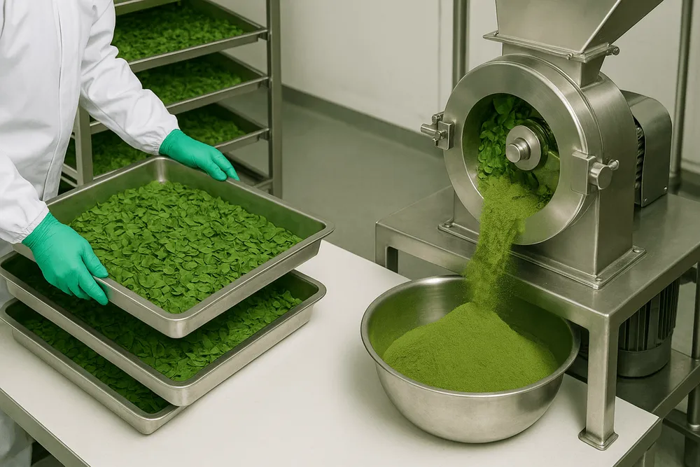 Fresh moringa leaves compared to dried powder form, showing how processing affects nutrient density