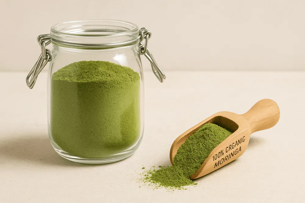 High-quality organic Moringa powder properly stored for maximum nutrient preservation