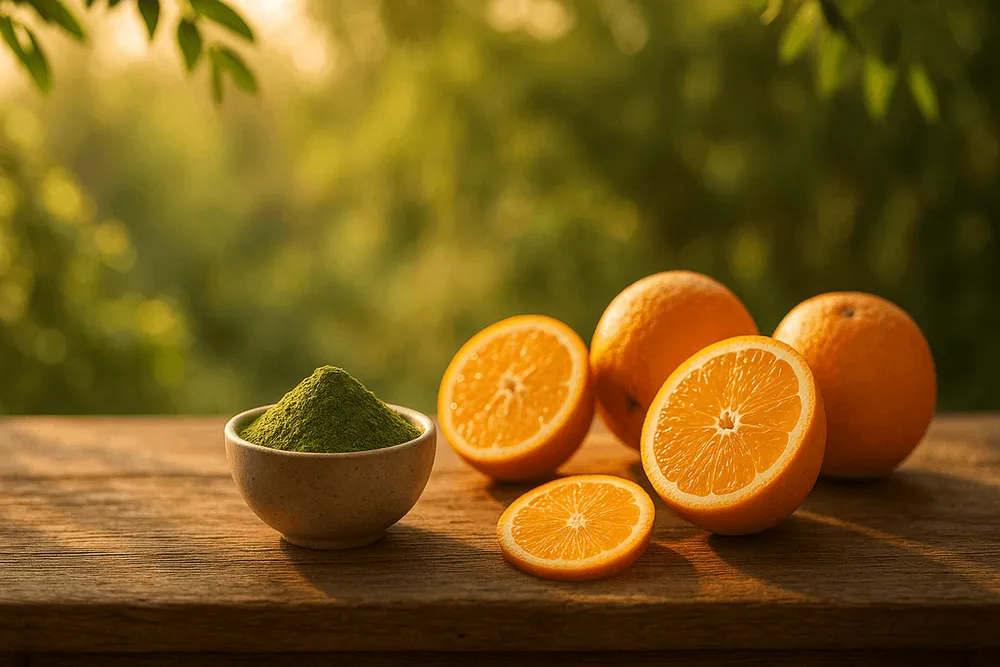 Moringa powder displayed alongside fresh oranges, comparing vitamin C content