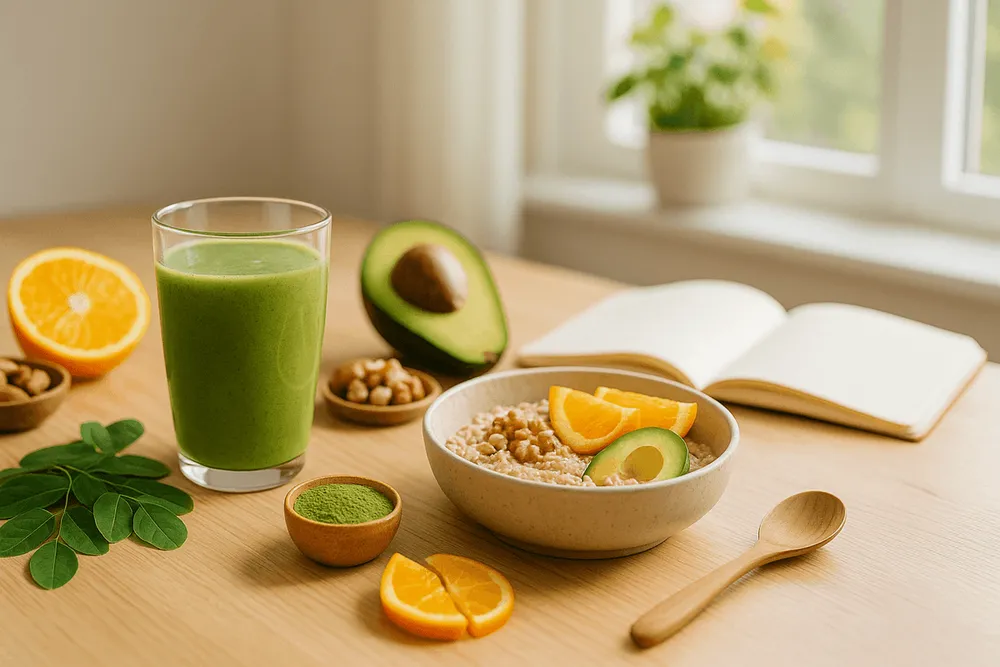 Moringa smoothie, oatmeal, and avocado arranged on a breakfast table