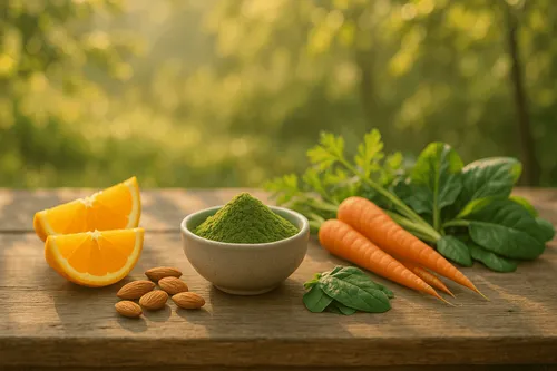Moringa displayed on a table alongside carrots, spinach, almonds, and an orange