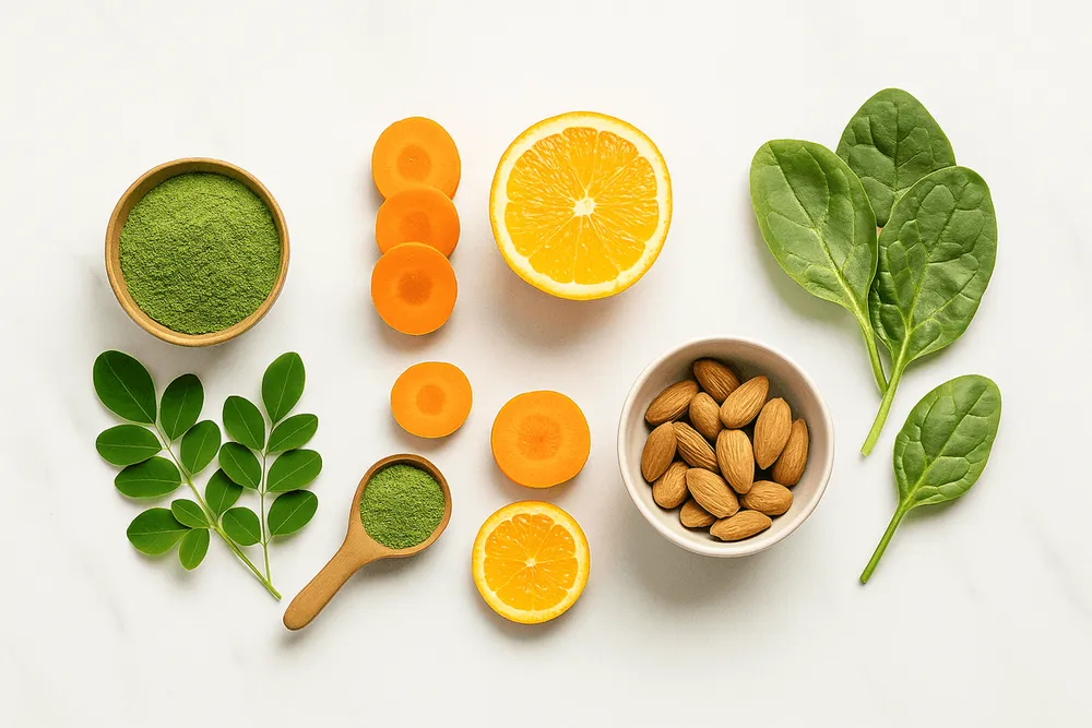 Moringa powder arranged with almonds, carrots, spinach, and an orange on a table