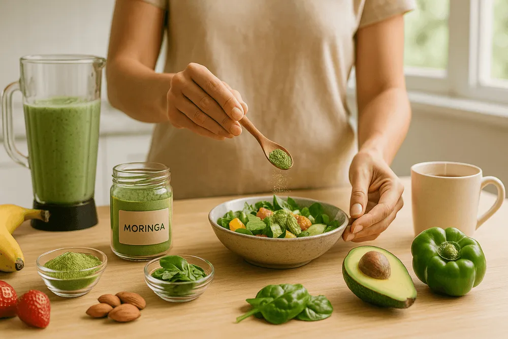 Woman sprinkling Moringa powder on a healthy salad, with fruits and vegetables arranged around it