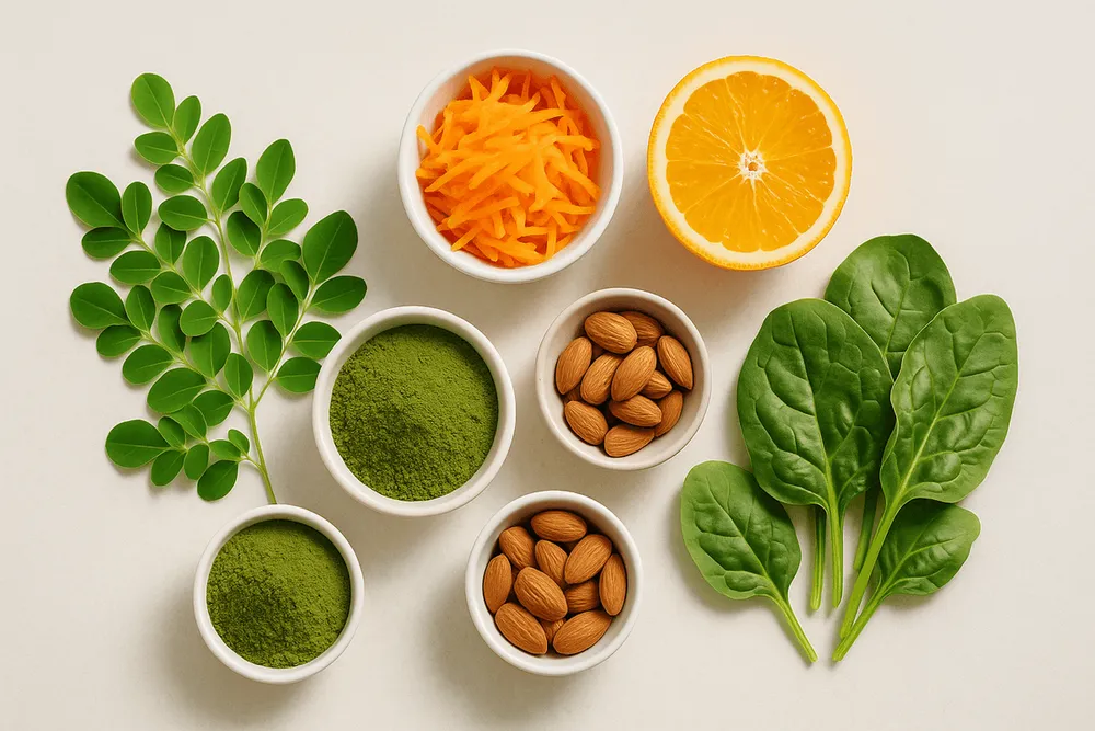 Moringa displayed alongside almonds, carrots, spinach, and an orange