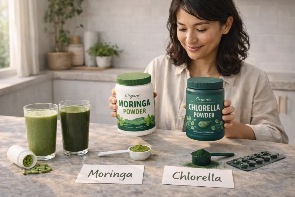 Moringa powder and Chlorella powder in small bowls with nutritional information displayed naturally