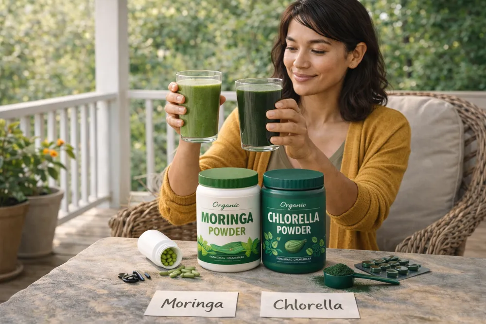 A comparison display showing the vitamin content of Moringa and Chlorella in a natural, informative way