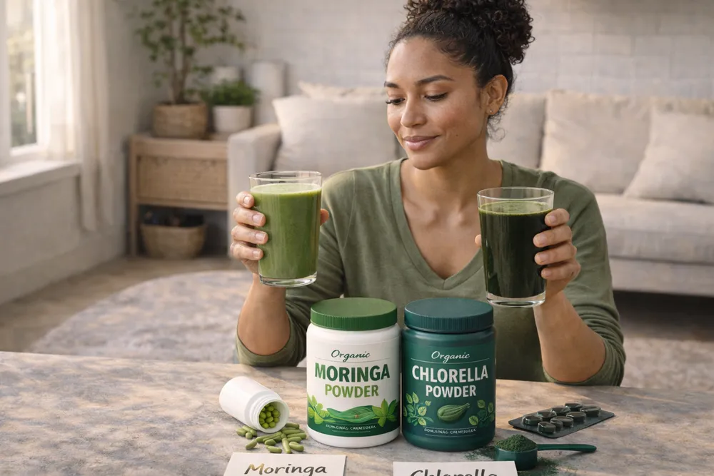 Moringa and Chlorella being used in different ways including smoothies, capsules, and recipes