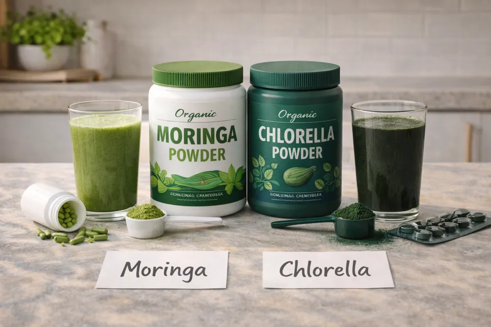 Moringa powder and Chlorella powder displayed side by side in glass jars on a clean surface with natural lighting