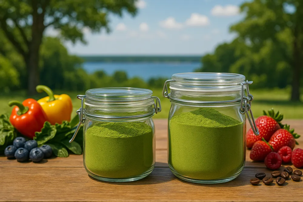 Moringa and Matcha powders with colorful fruits and vegetables representing their antioxidant content