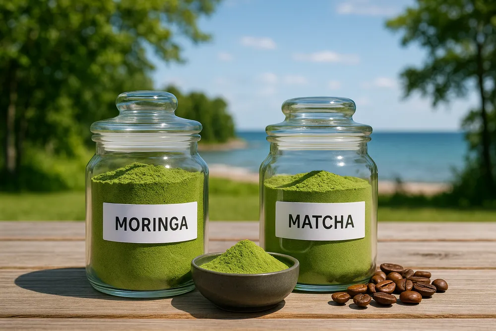 Moringa powder and Matcha powder with coffee beans, highlighting the caffeine difference