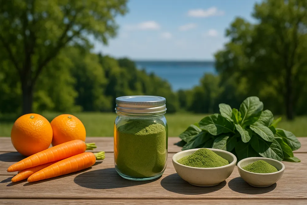 Moringa powder and Matcha powder in small bowls on a clean surface, with a natural nutritional comparison display