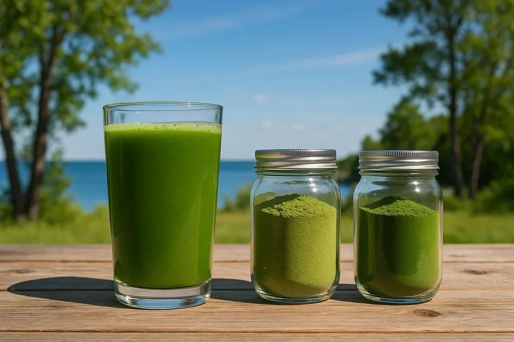 Moringa and Matcha powders combined in a smoothie or displayed together, showing they can complement each other