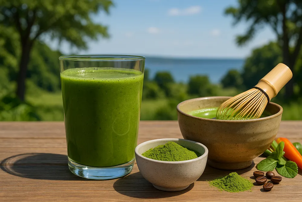 Moringa and Matcha being prepared in different ways - Moringa in a smoothie, Matcha being whisked in a traditional bowl