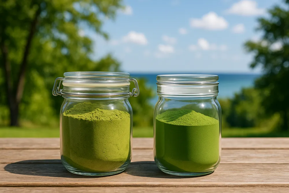 Moringa powder and Matcha powder displayed side by side in glass jars on a clean wooden surface