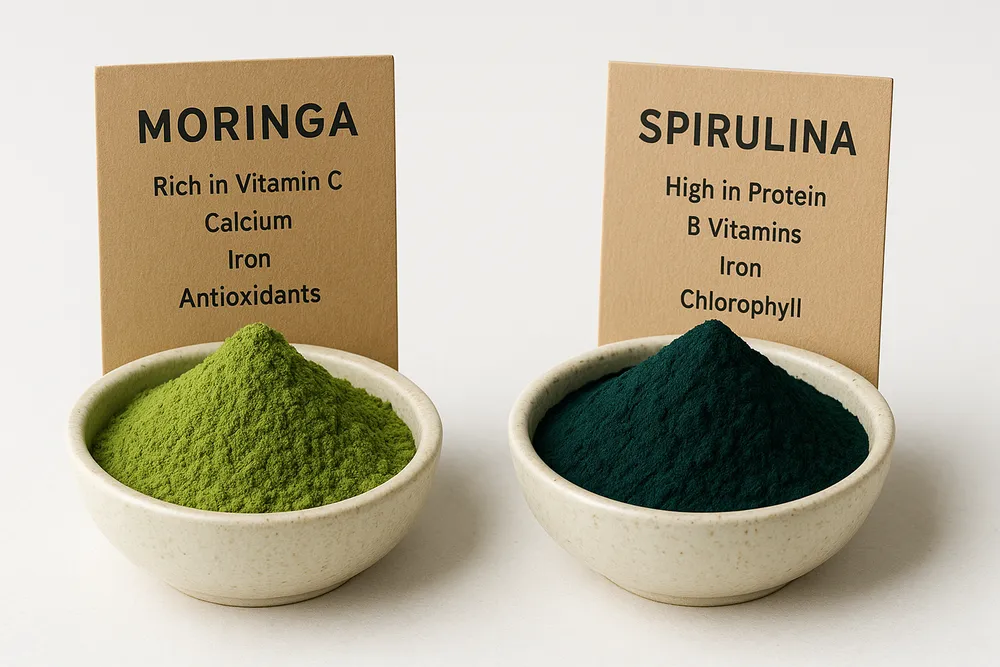 Moringa powder and Spirulina powder in small bowls on a clean surface, with a natural nutritional comparison display
