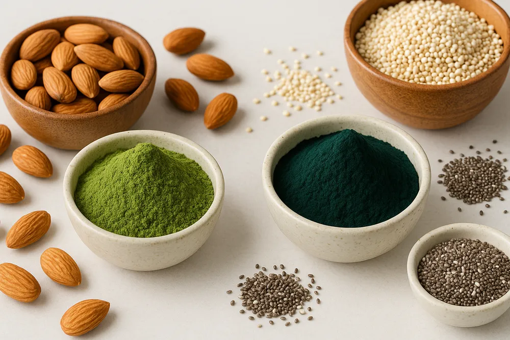 Moringa and Spirulina powders with protein-rich foods like nuts and seeds, highlighting protein benefits