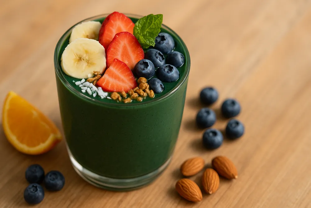 Moringa and Spirulina powders combined in a smoothie or displayed together, showing they can complement each other
