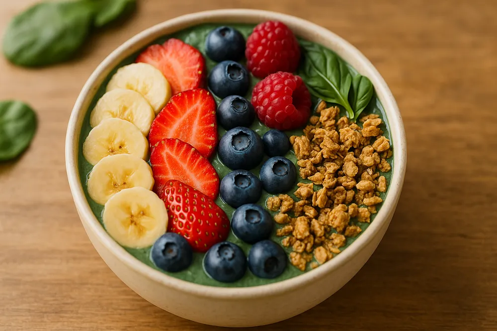 Beautiful smoothie bowl with Moringa and Spirulina powders, fresh fruits and toppings, on a clean wooden table