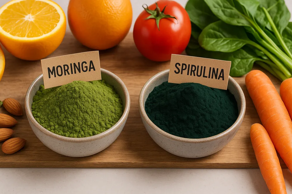 Moringa and Spirulina powders displayed with colorful fruits and vegetables representing their vitamin and mineral content