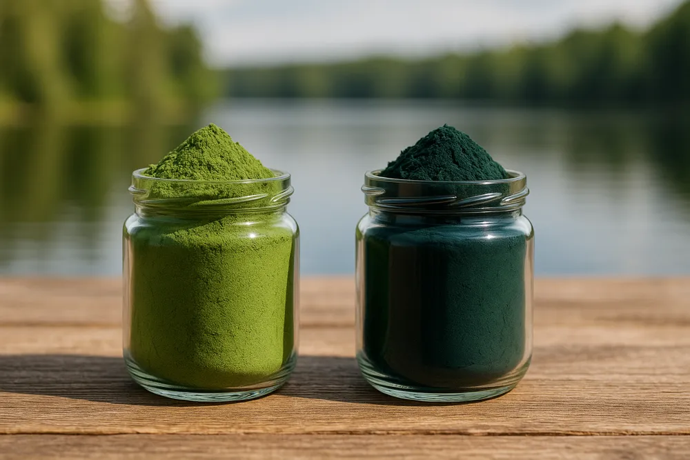Moringa powder and Spirulina powder displayed side by side in glass jars on a clean wooden surface