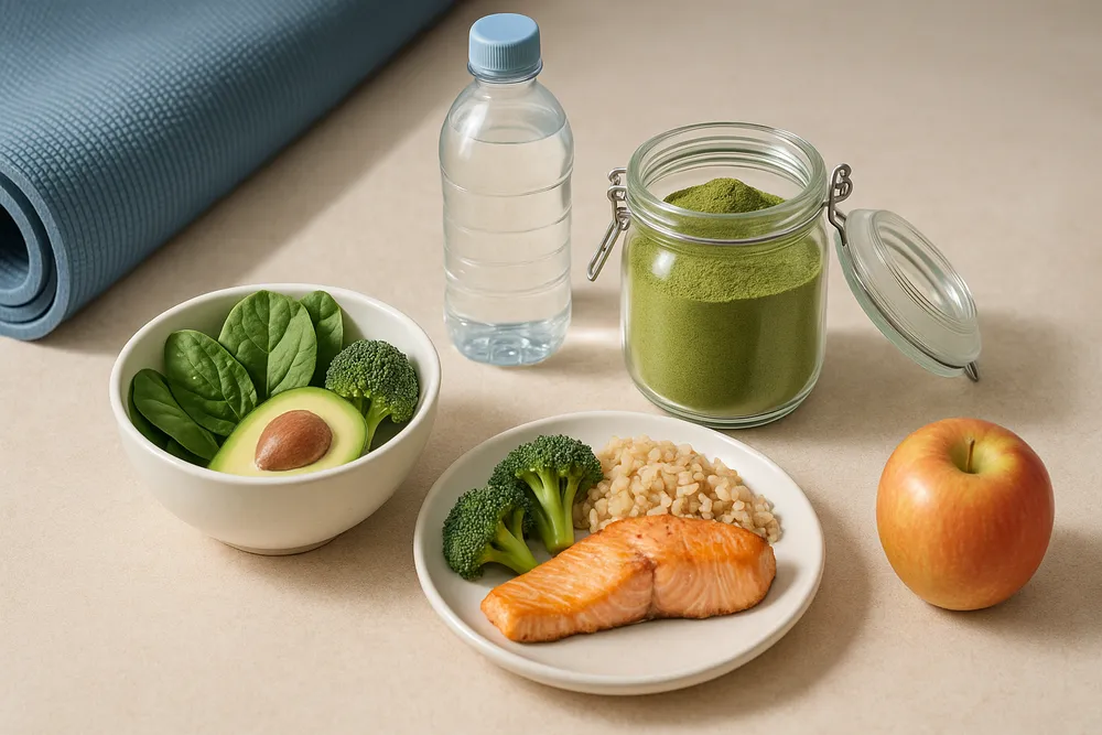 Moringa powder with exercise equipment and healthy foods, representing a holistic approach to weight management