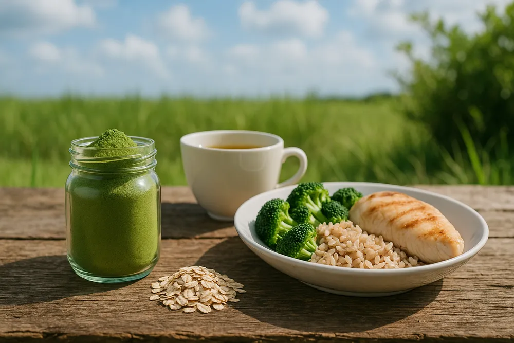 Moringa powder with foods that support metabolism, arranged on a clean surface with natural lighting