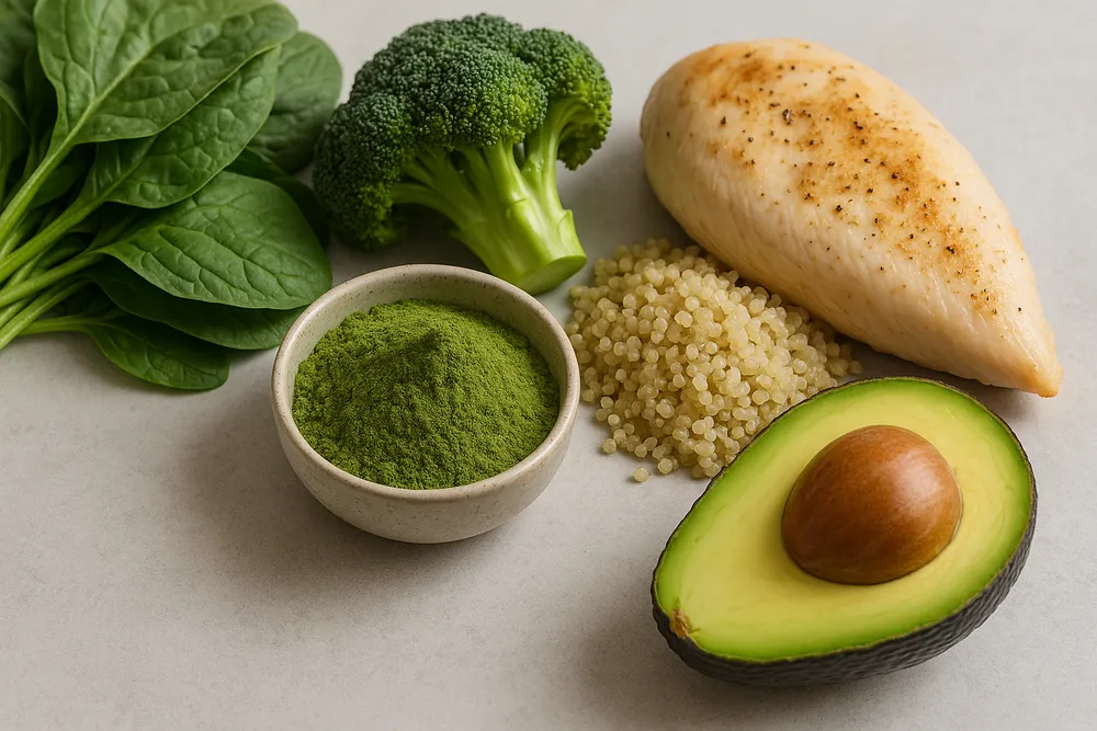 Moringa powder with nutrient-rich foods, showing how it provides essential nutrients in a low-calorie form