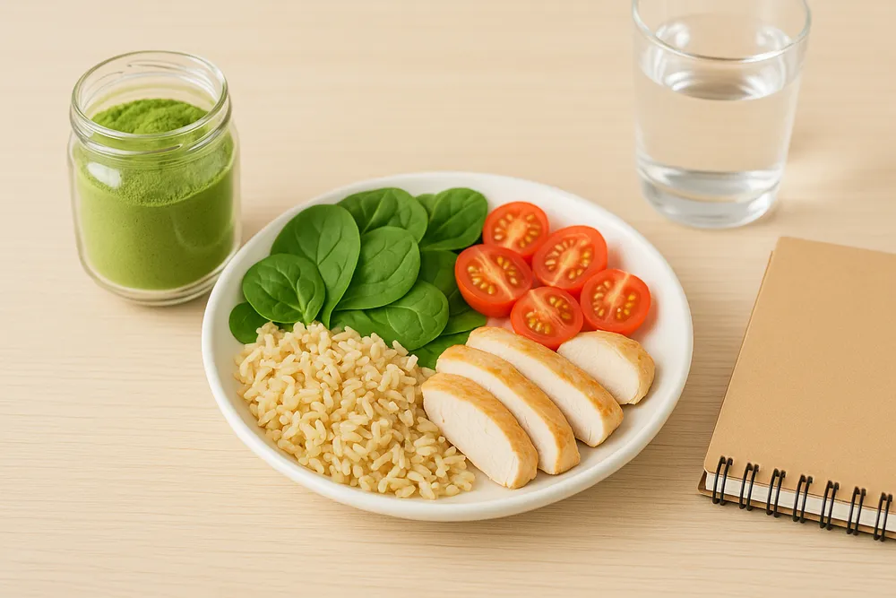 Moringa powder with a healthy meal and a notebook or planner, showing a thoughtful, sustainable approach