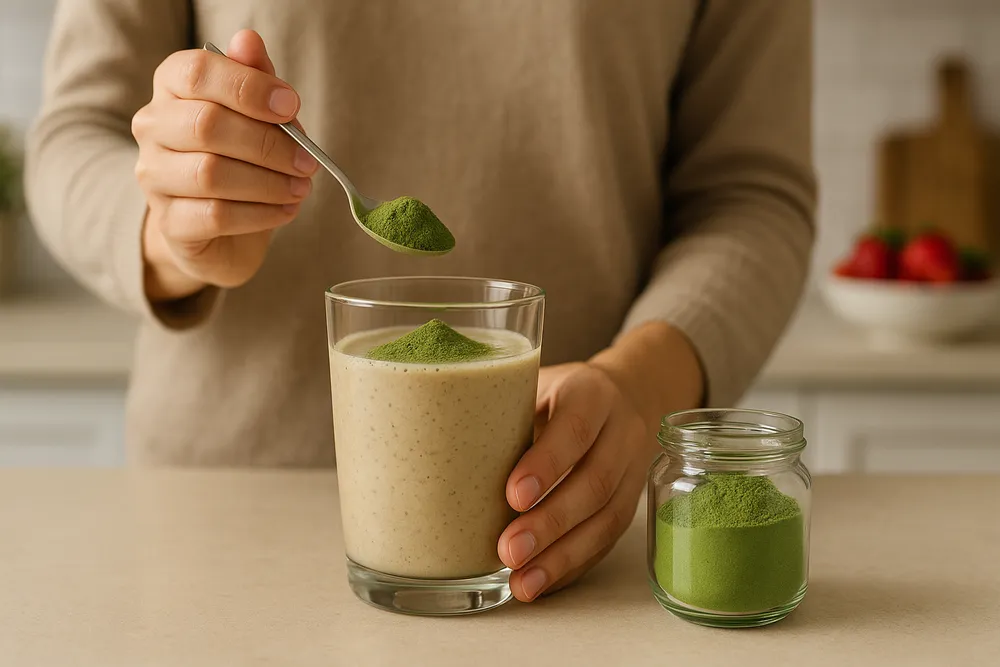 Moringa powder being added to a protein-rich smoothie or meal, showing how it can enhance satiety