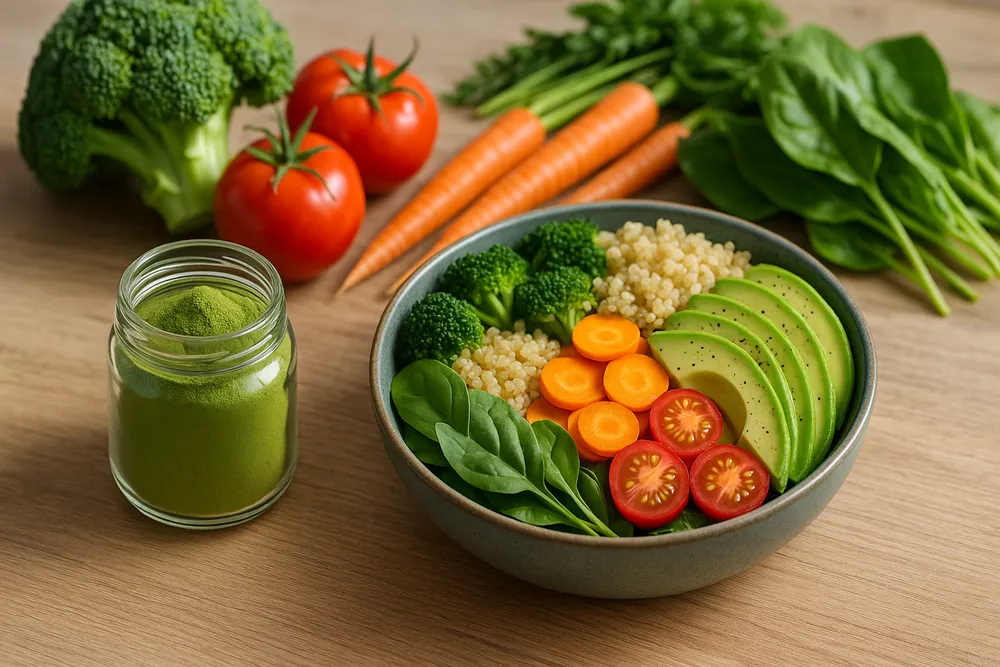 Moringa powder in a glass jar with a healthy meal and fresh vegetables, representing a balanced approach to weight management