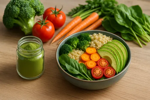 Moringa powder in a glass jar with a healthy meal and fresh vegetables, representing a balanced approach to weight management
