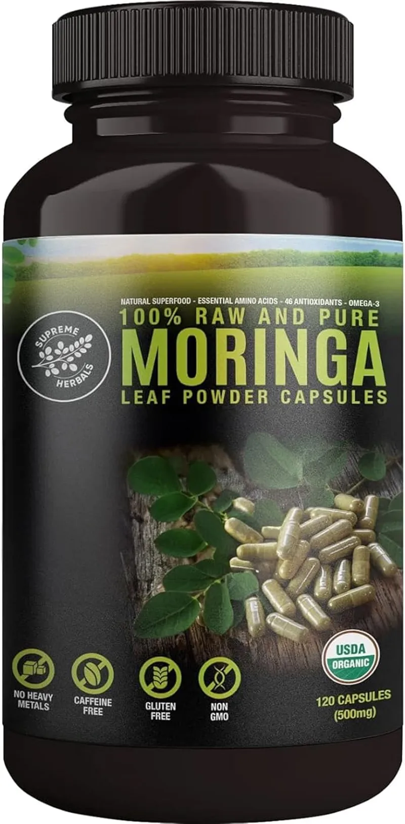 Supreme Herbals Raw and Pure Moringa Leaf Powder Capsules, USDA Organic, non-GMO, gluten-free moringa capsules