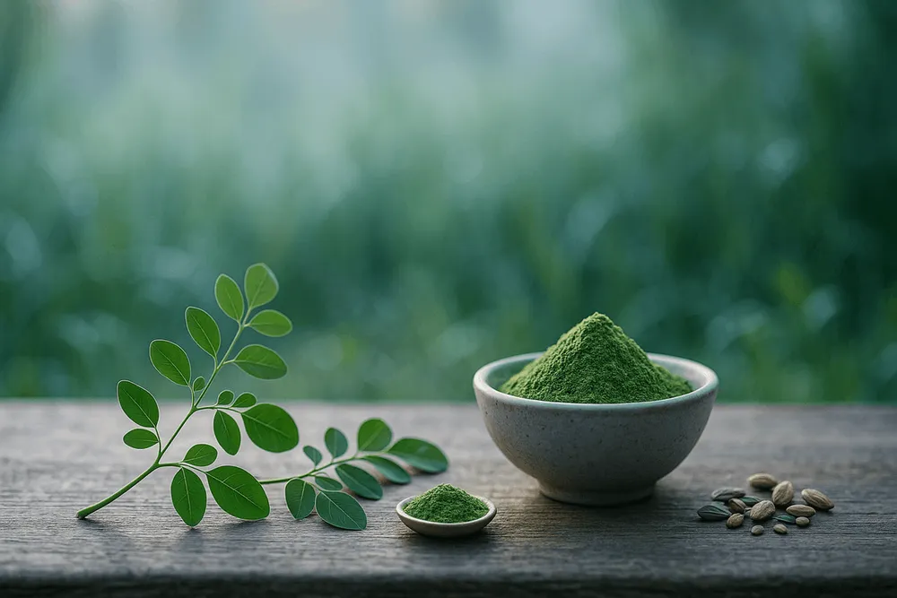 A bowl of Moringa powder on a table with Moringa plant parts including leaves, pods, and seeds