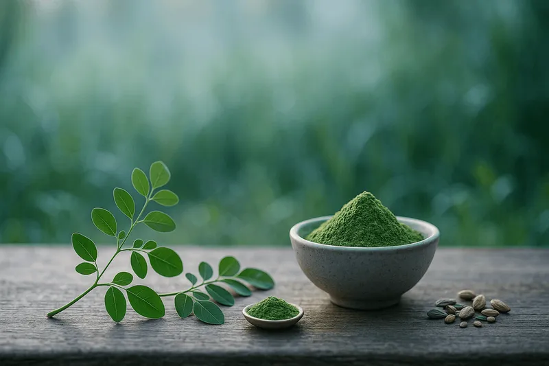 A bowl of Moringa powder on a table with Moringa plant parts including leaves, pods, and seeds